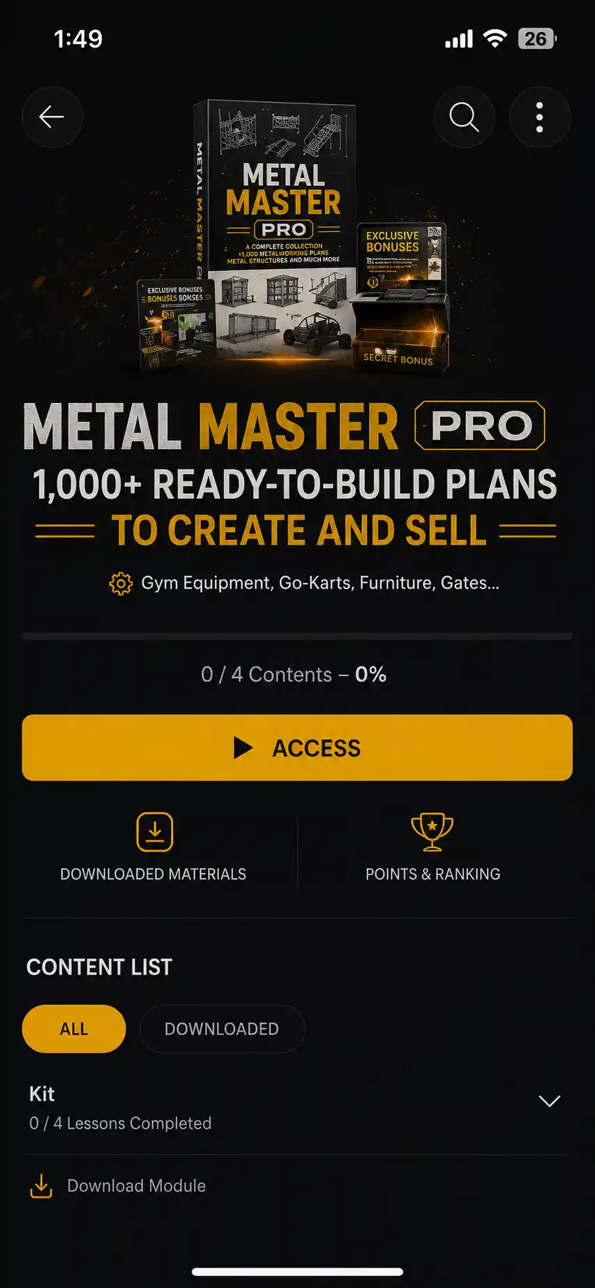 Metal Master Pro premium members area on a phone